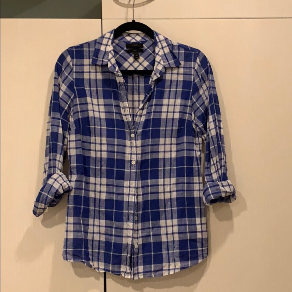 J Crew blue and white plaid button down shirt
